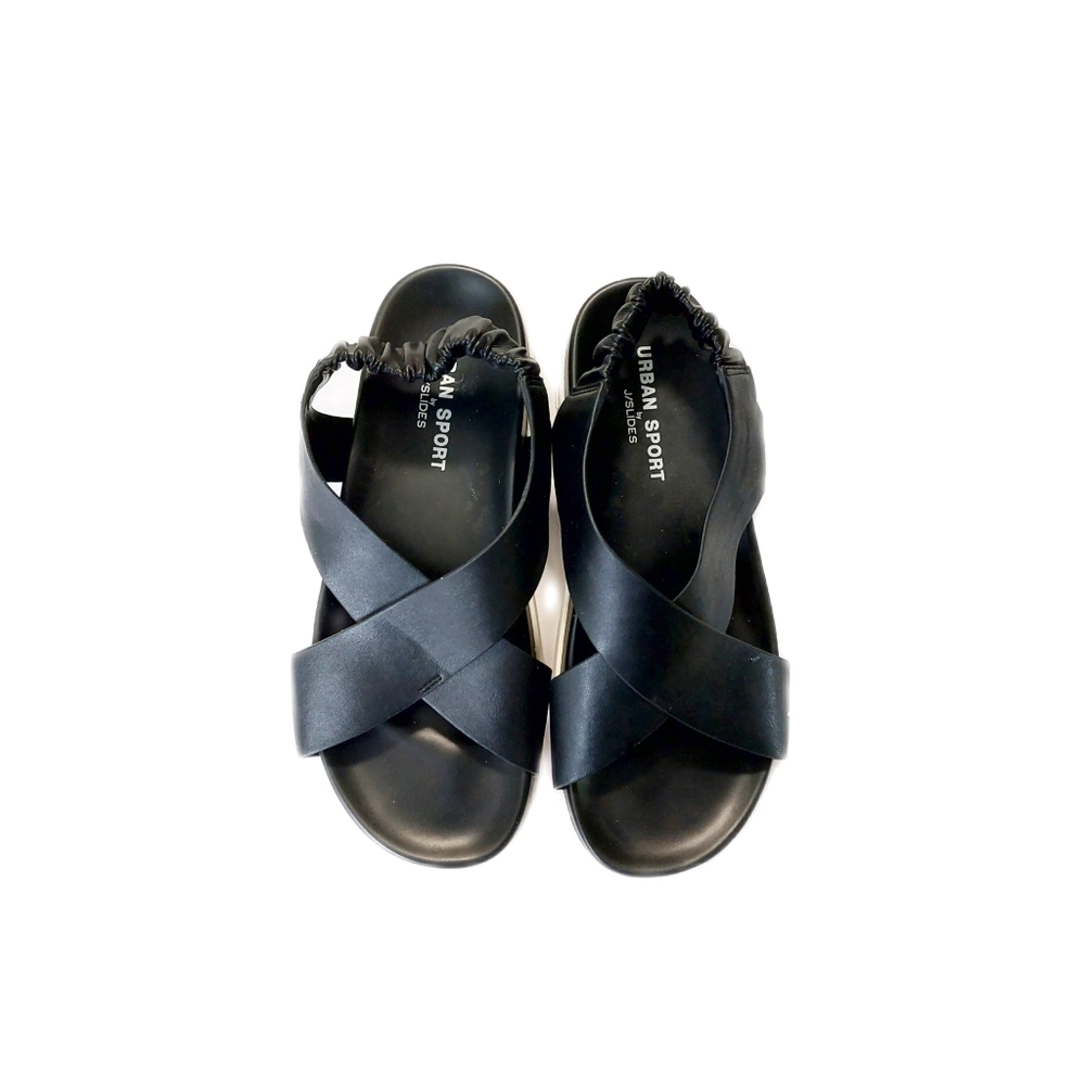 J/Slides NYC  Resa Black Leather Stretch Back Band Platform Sandal Women Sz 9